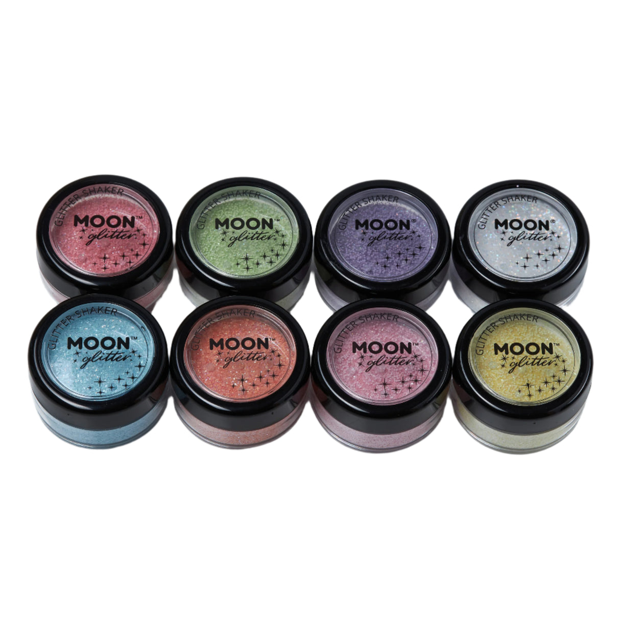 Set of Moon Glitter jars in various colors on a white background