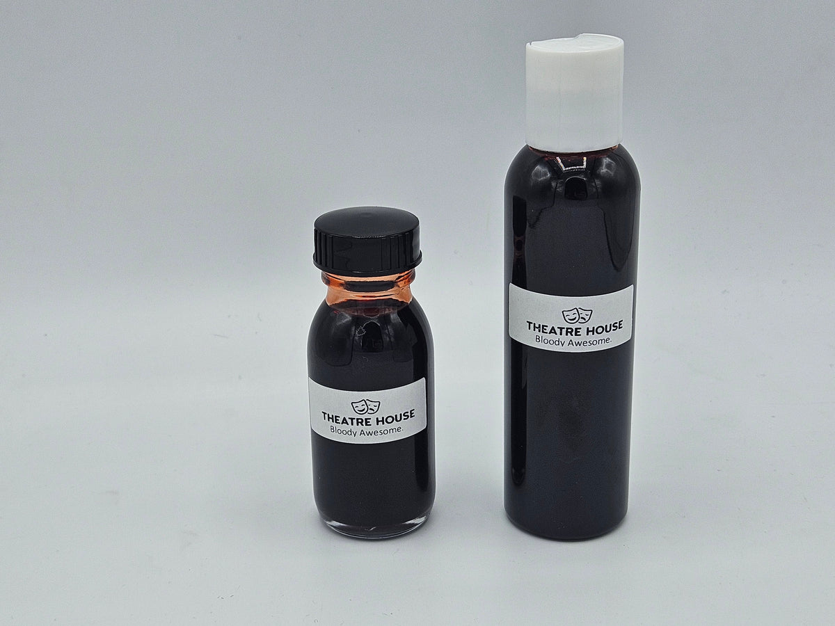Theatre House Stage Blood — packaged 2oz glass and 4oz plastic bottles