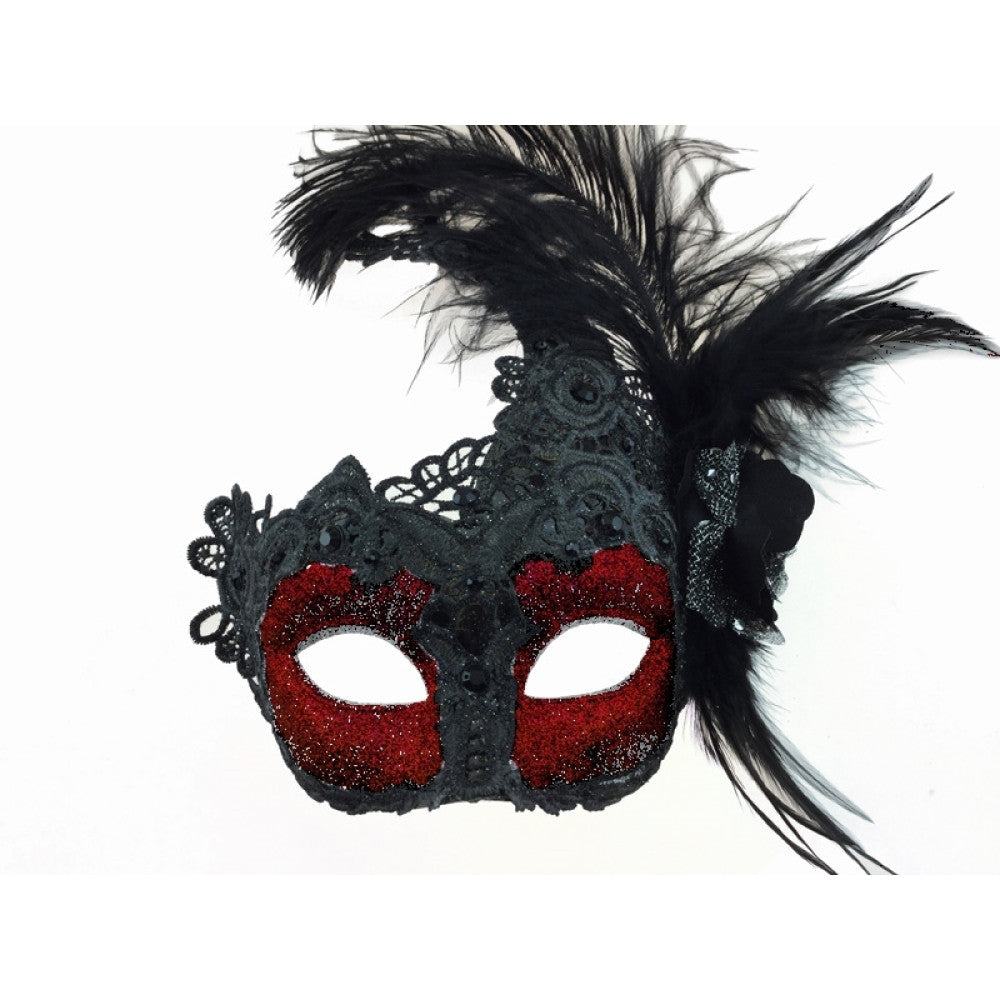 Black & Red Feather Lace Mask