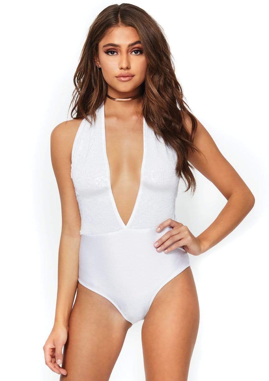 Shimmer Sequin Plunging Halter Bodysuit
