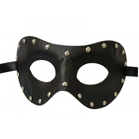 Black masquerade mask with silver metallic studs and a black elastic strap, shown against a plain white background.