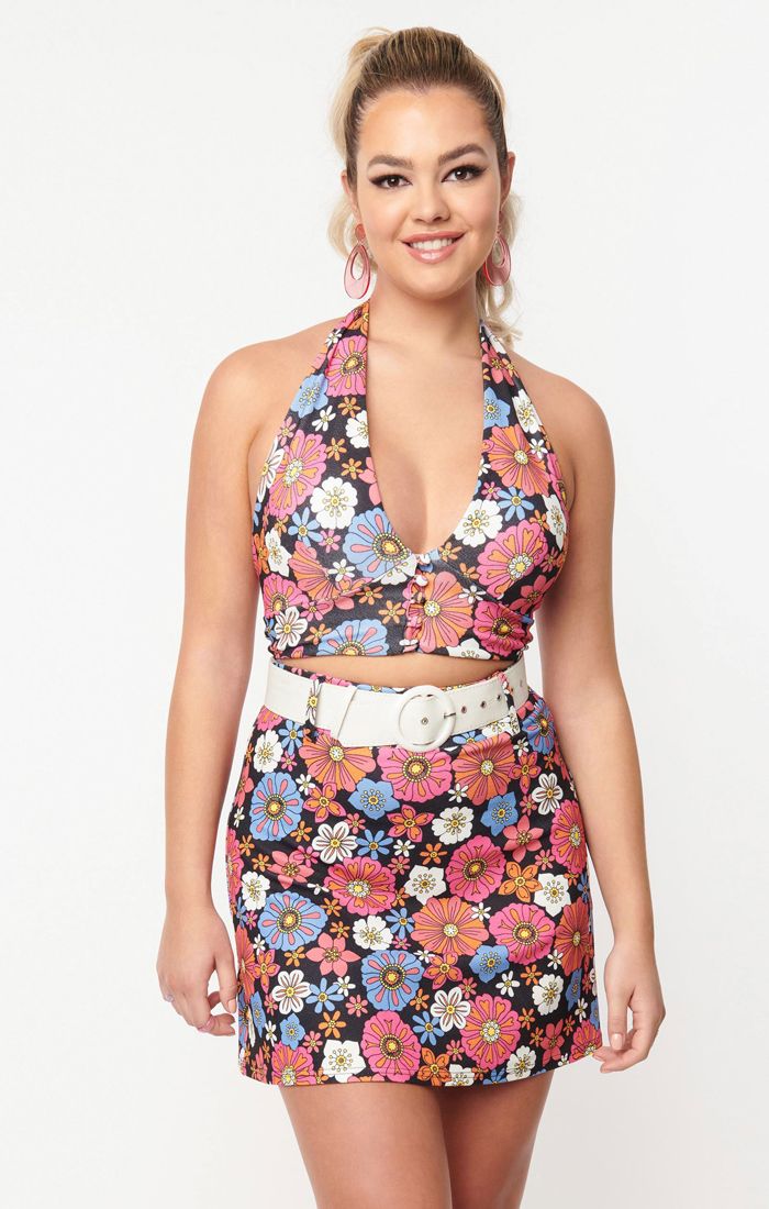 Black & Purple Retro Floral Feelin Groovy Crop Top