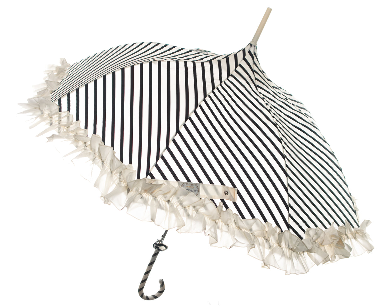 Ruffled Black & Cream Striped Pagoda Umbrella