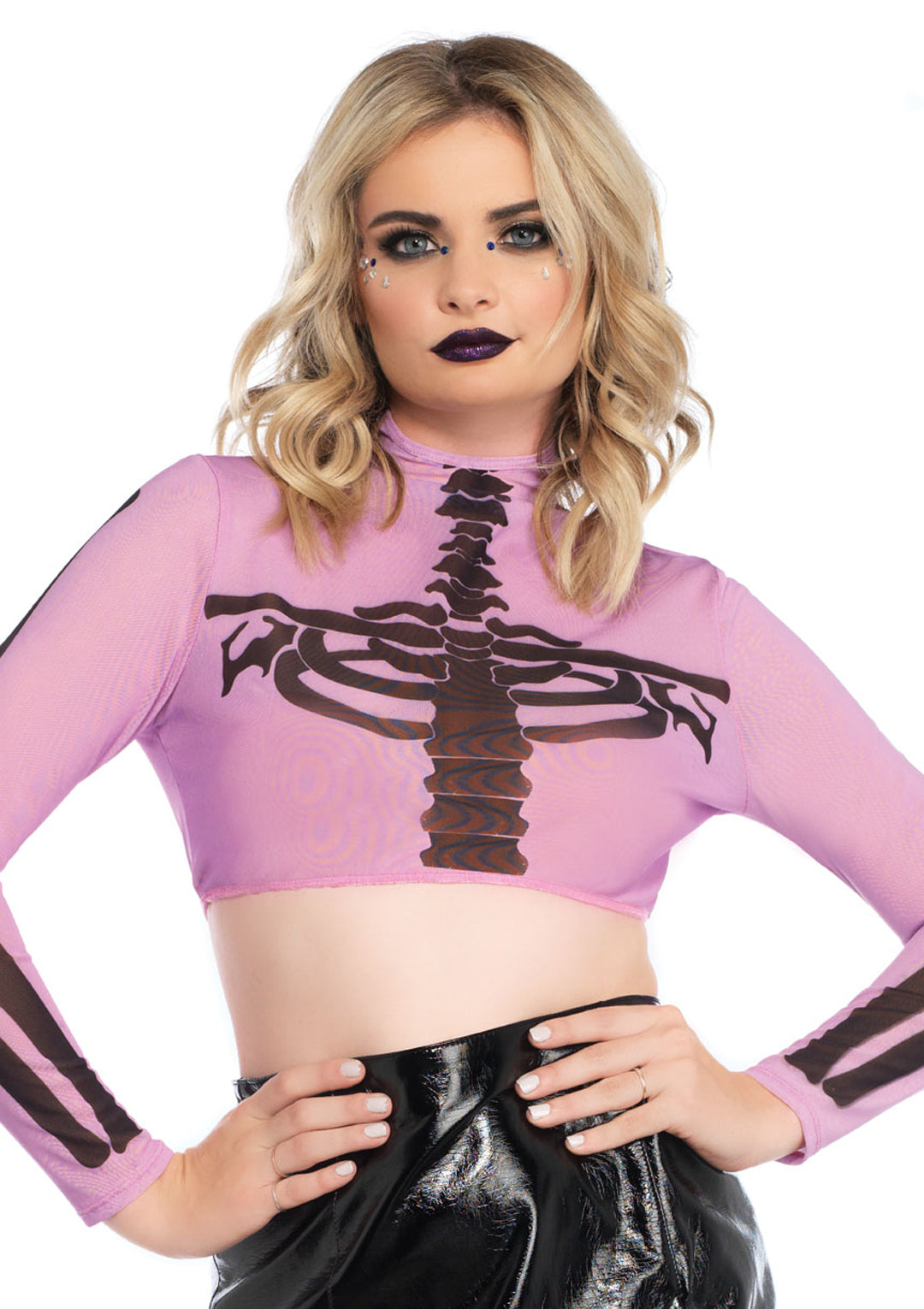 Skeleton High Neck Long Sleeve Mesh Crop Top