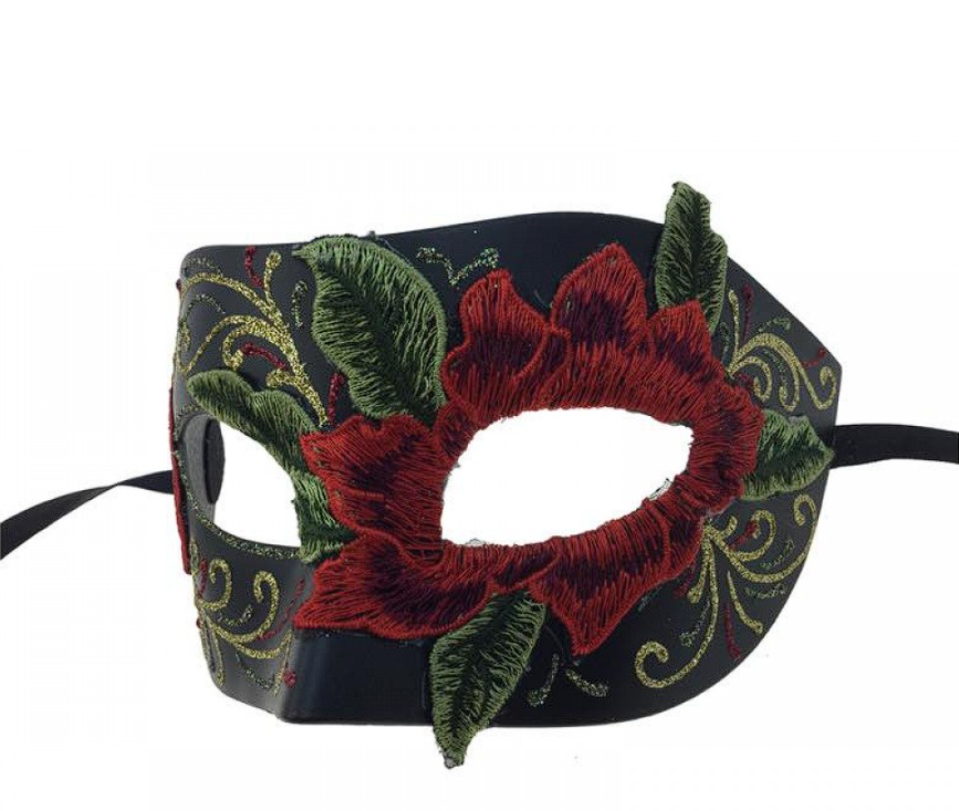 Black Mask with Red Floral Embroidery