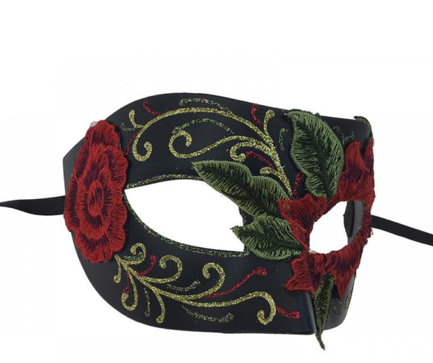 Black Mask with Red Floral Embroidery
