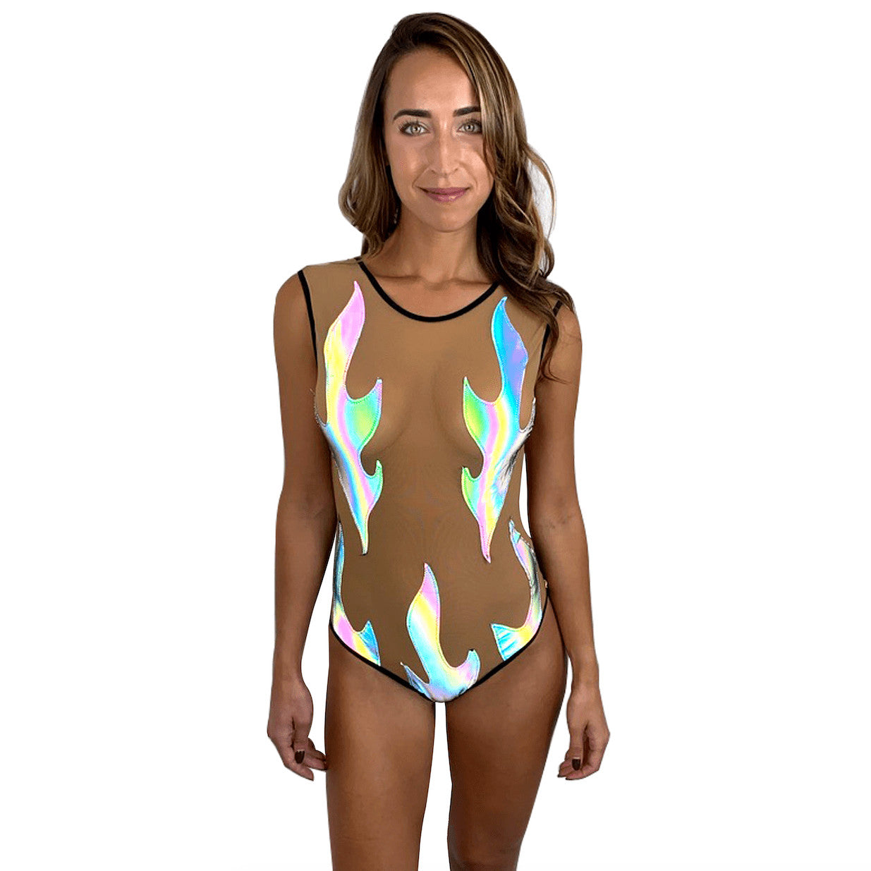 Rainbow Reflective Inferni Black Flame Nude Mesh BodySuit