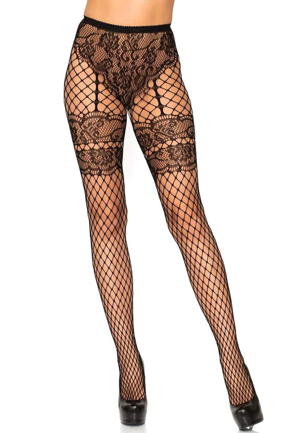 Black Faux Garter Belt Fishnet Tights w/ Lace Up Backseam