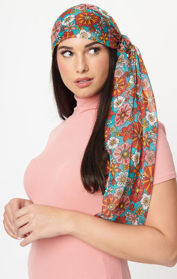 Turquoise & Pink Floral Long Hair Scarf