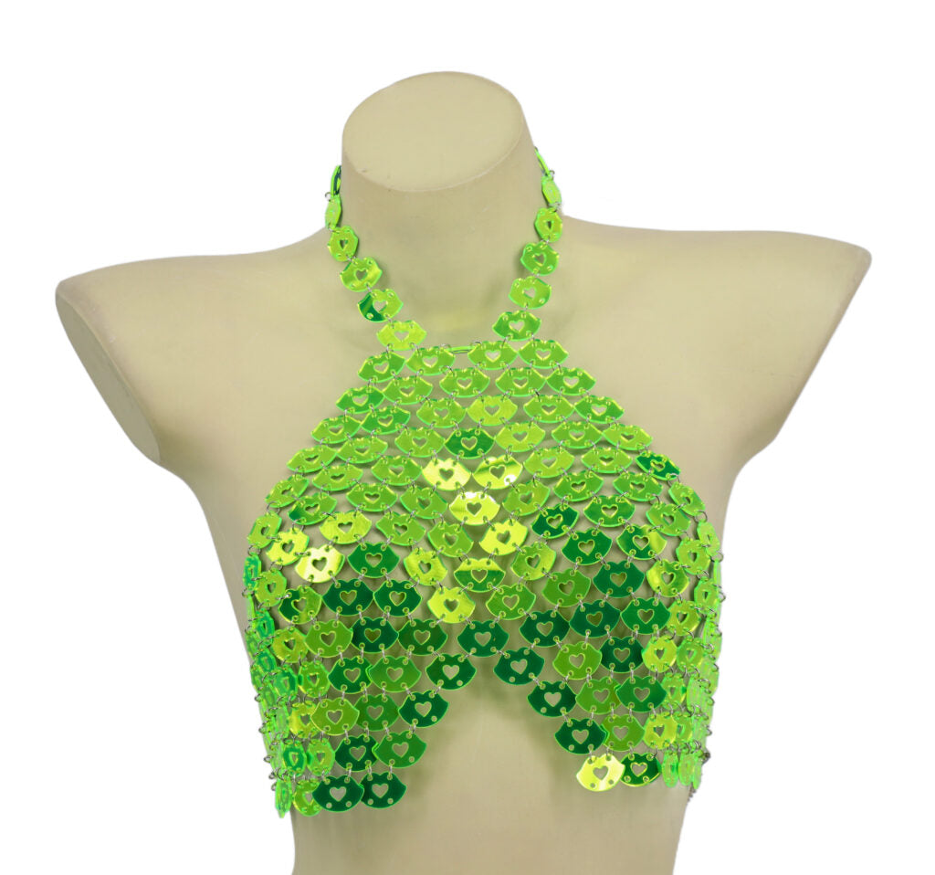 Neon Green Hearts and Kisses Chain Bra
