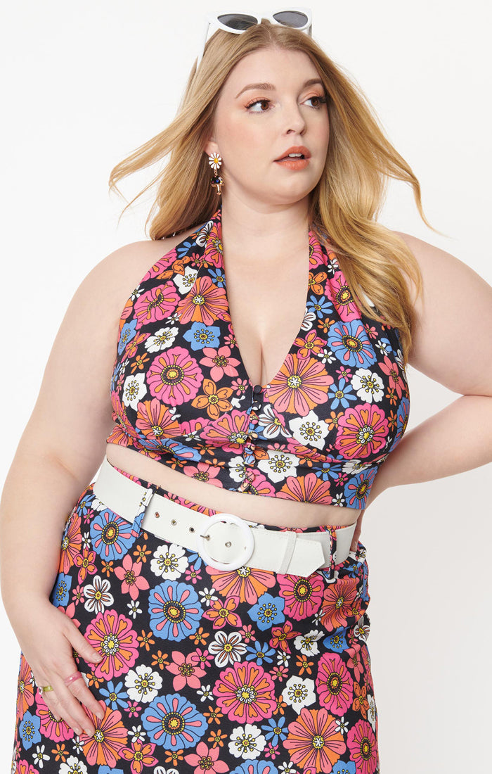 Black & Purple Retro Floral Feelin Groovy Crop Top