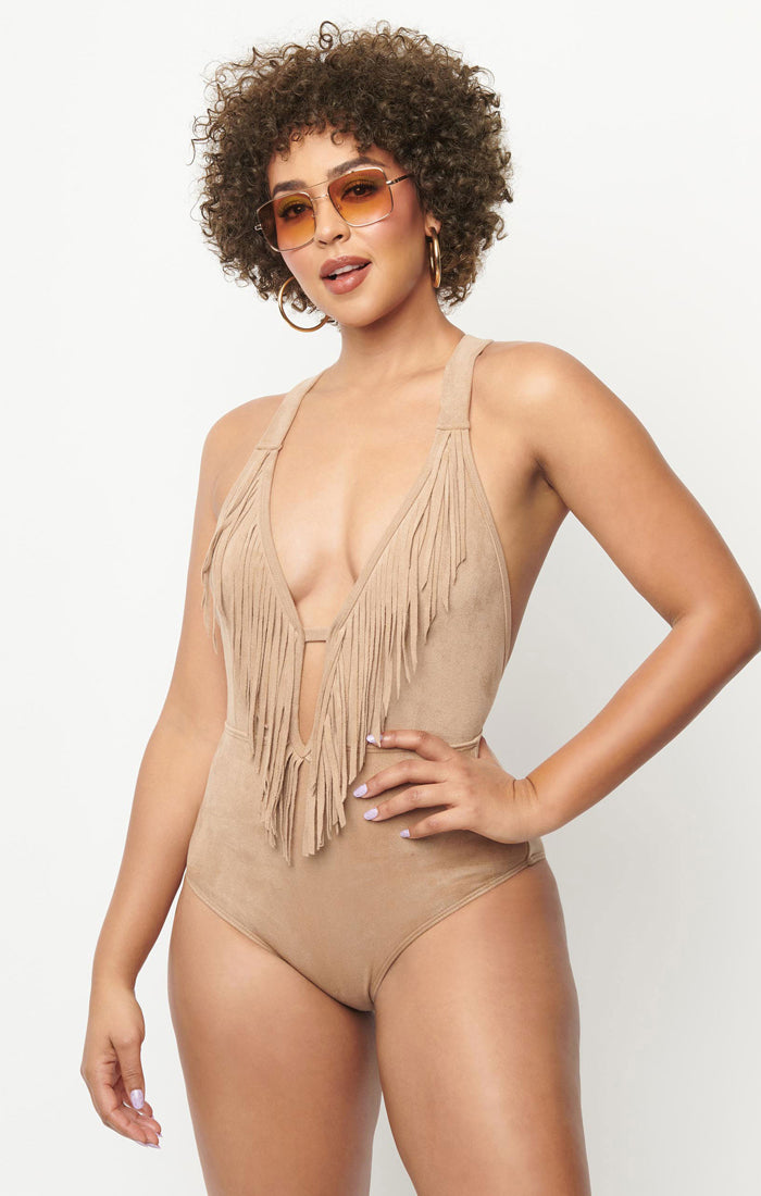 Tan Suede Fringe Bodysuit