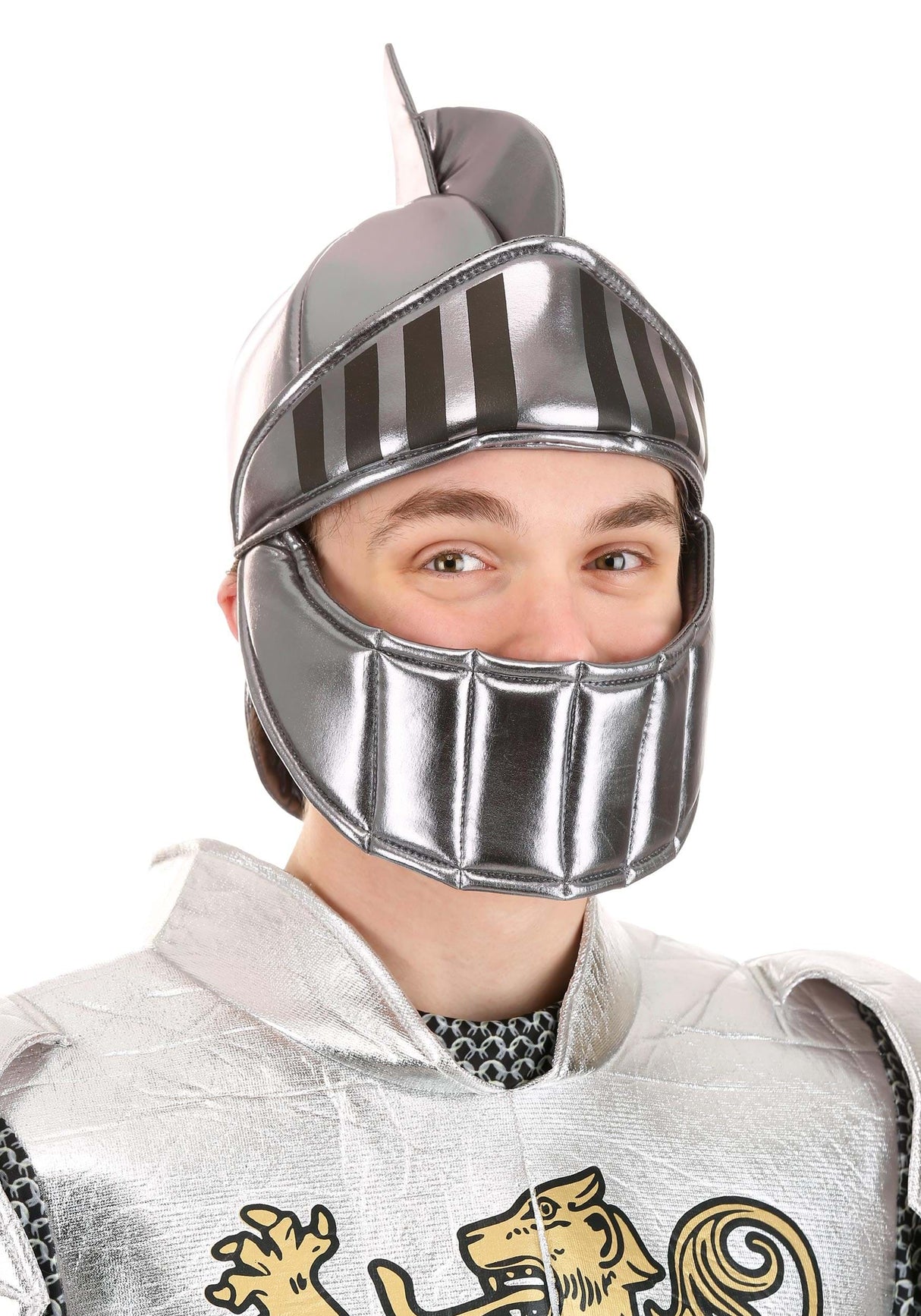 Person wearing a silver knight helmet and armor with a white background