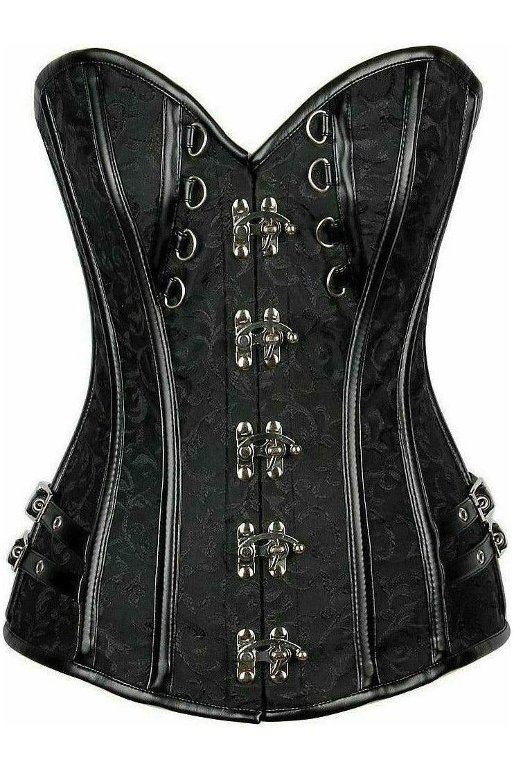 Top Drawer Black Brocade & Faux Leather Steel Boned Corset