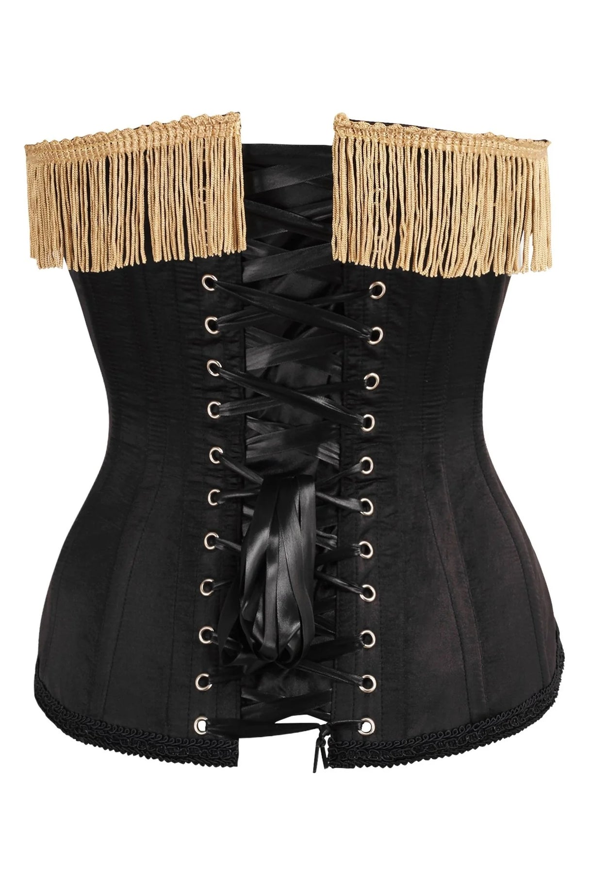 Top Drawer Burlesque Black/Dark Red Steel Boned Corset w/Gold Fringe