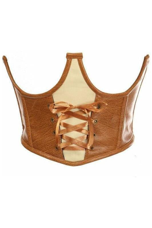 Tan Faux Leather Steel Boned Lace-Up Open Cup Waist Cincher
