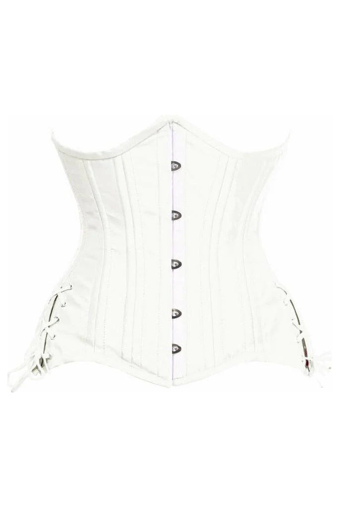 Top Drawer White Satin Double Steel Boned Curvy Cut Waist Cincher Corset w/Lace-Up Sides