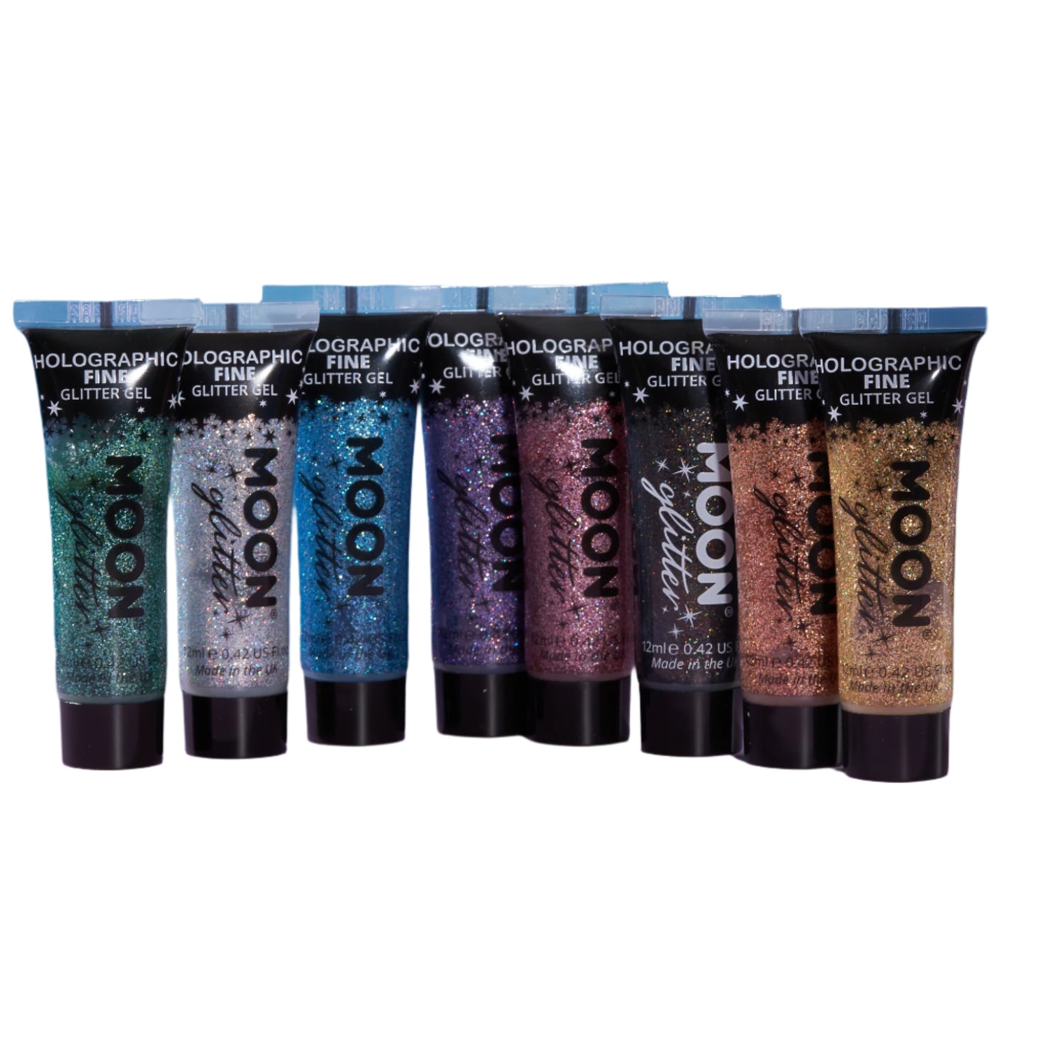 Row of Moon holographic glitter gel tubes