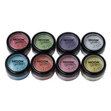 Set of Moon Glitter jars in various colors on a white background