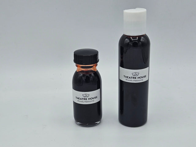 Theatre House Stage Blood — packaged 2oz glass and 4oz plastic bottles