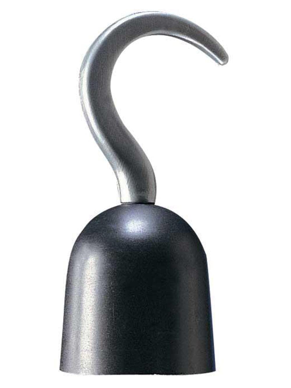 A pirate-style hook with a dark textured bell-shaped base and a curved silver hook, isolated on a white background.
