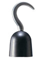A pirate-style hook with a dark textured bell-shaped base and a curved silver hook, isolated on a white background.