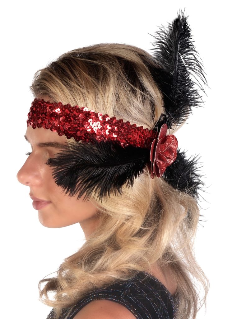 Red Flapper Headband w/ Rose & Feather