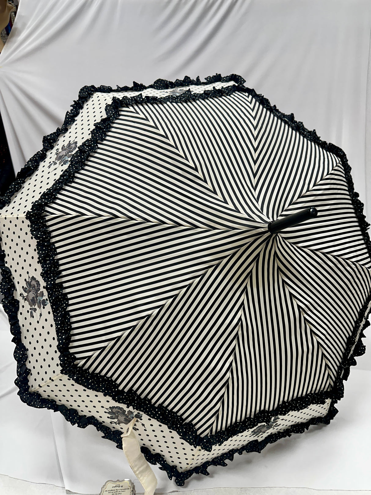 Black White Stripes with Roses Pagoda Umbrella