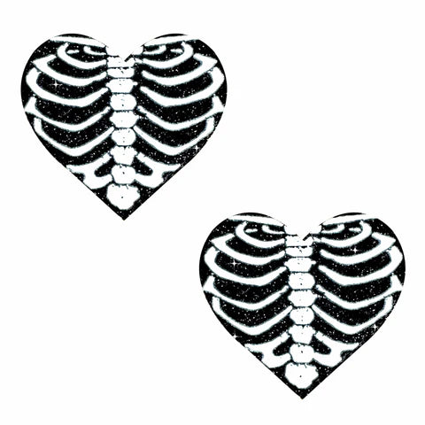 White Skeleton Rib Heart Glitter Pasties