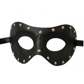 Black masquerade mask with silver metallic studs and a black elastic strap, shown against a plain white background.