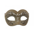 A single decorative masquerade-style eye mask in a muted taupe-brown color, featuring ornate cutout scrollwork and dotted details, shown against a plain white background.