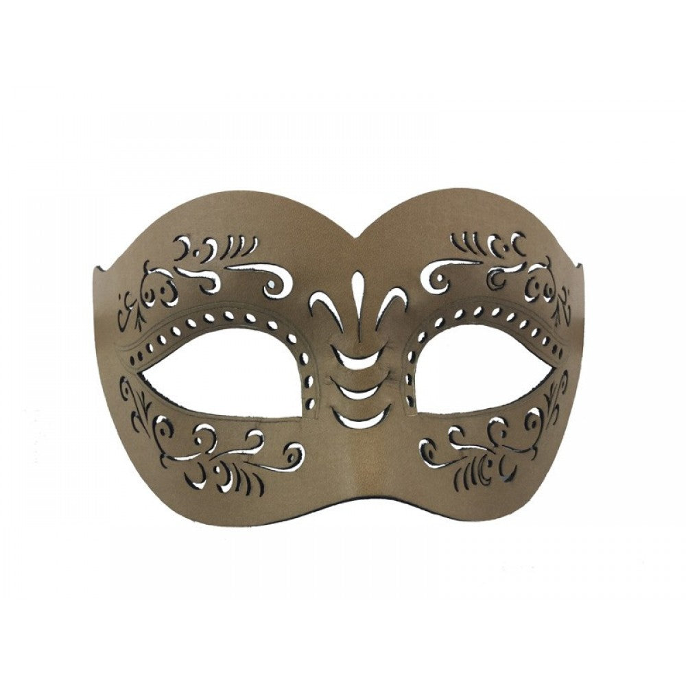 A single decorative masquerade-style eye mask in a muted taupe-brown color, featuring ornate cutout scrollwork and dotted details, shown against a plain white background.