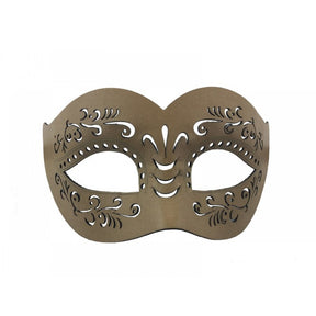 A single decorative masquerade-style eye mask in a muted taupe-brown color, featuring ornate cutout scrollwork and dotted details, shown against a plain white background.