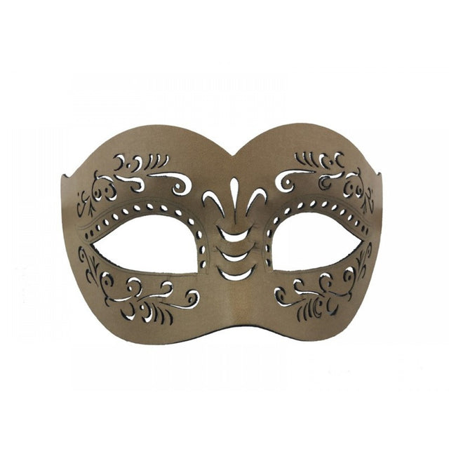 A single decorative masquerade-style eye mask in a muted taupe-brown color, featuring ornate cutout scrollwork and dotted details, shown against a plain white background.