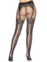 Black Faux Garter Belt Fishnet Tights w/ Lace Up Backseam