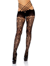 Black Vine Lace Wrap Around Open Back Crotchless Tights