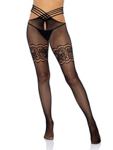 Black Strappy Wrap Around Crotchless Fishnet Tights