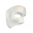 A plain white half-face mask with an eye cutout, shown in profile against a white background.