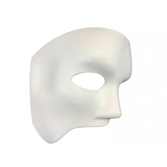 A plain white half-face mask with an eye cutout, shown in profile against a white background.