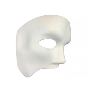 A plain white half-face mask with an eye cutout, shown in profile against a white background.