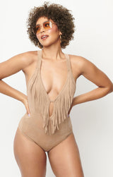 Tan Suede Fringe Bodysuit