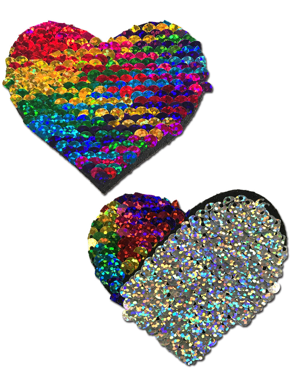 Love: Rainbow & Silver Glitter Color Changing Sequin Heart Nipple Pasties