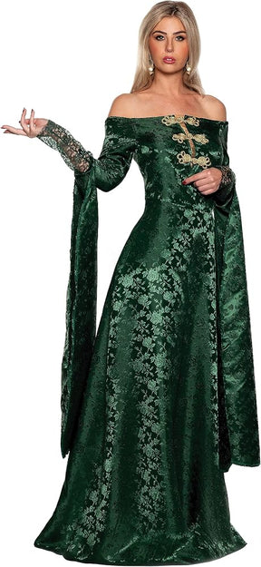 A woman modeling an off-the-shoulder medieval-style gown in deep emerald green with gold floral embroidery and lace detailing, set against a plain white background.