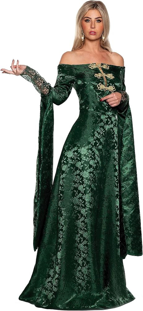 A woman modeling an off-the-shoulder medieval-style gown in deep emerald green with gold floral embroidery and lace detailing, set against a plain white background.