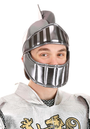 Person wearing a silver knight helmet and armor with a white background