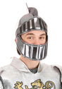 Person wearing a silver knight helmet and armor with a white background