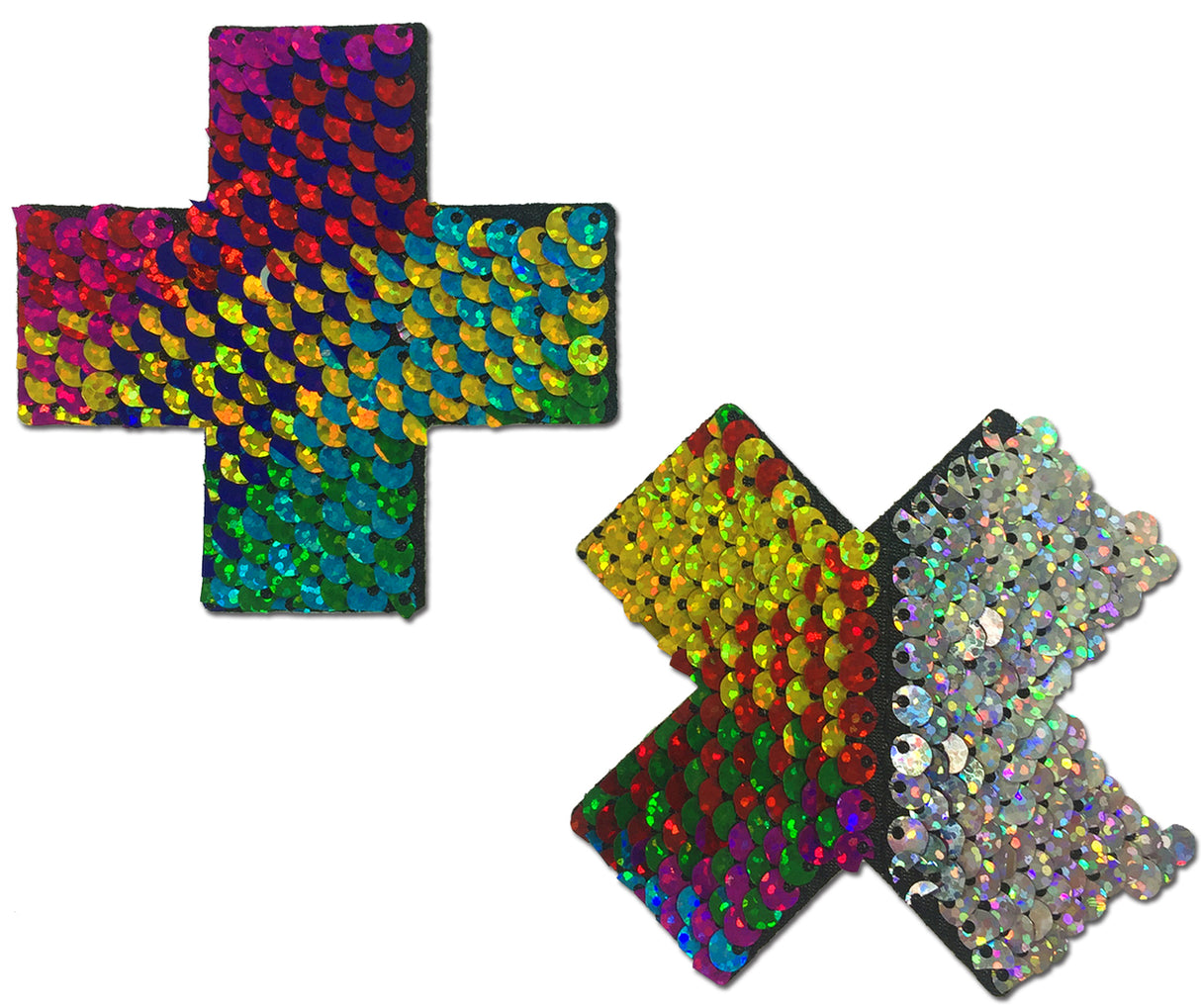 Plus X: Rainbow & Silver Glitter Flip Sequin Cross Nipple Pasties