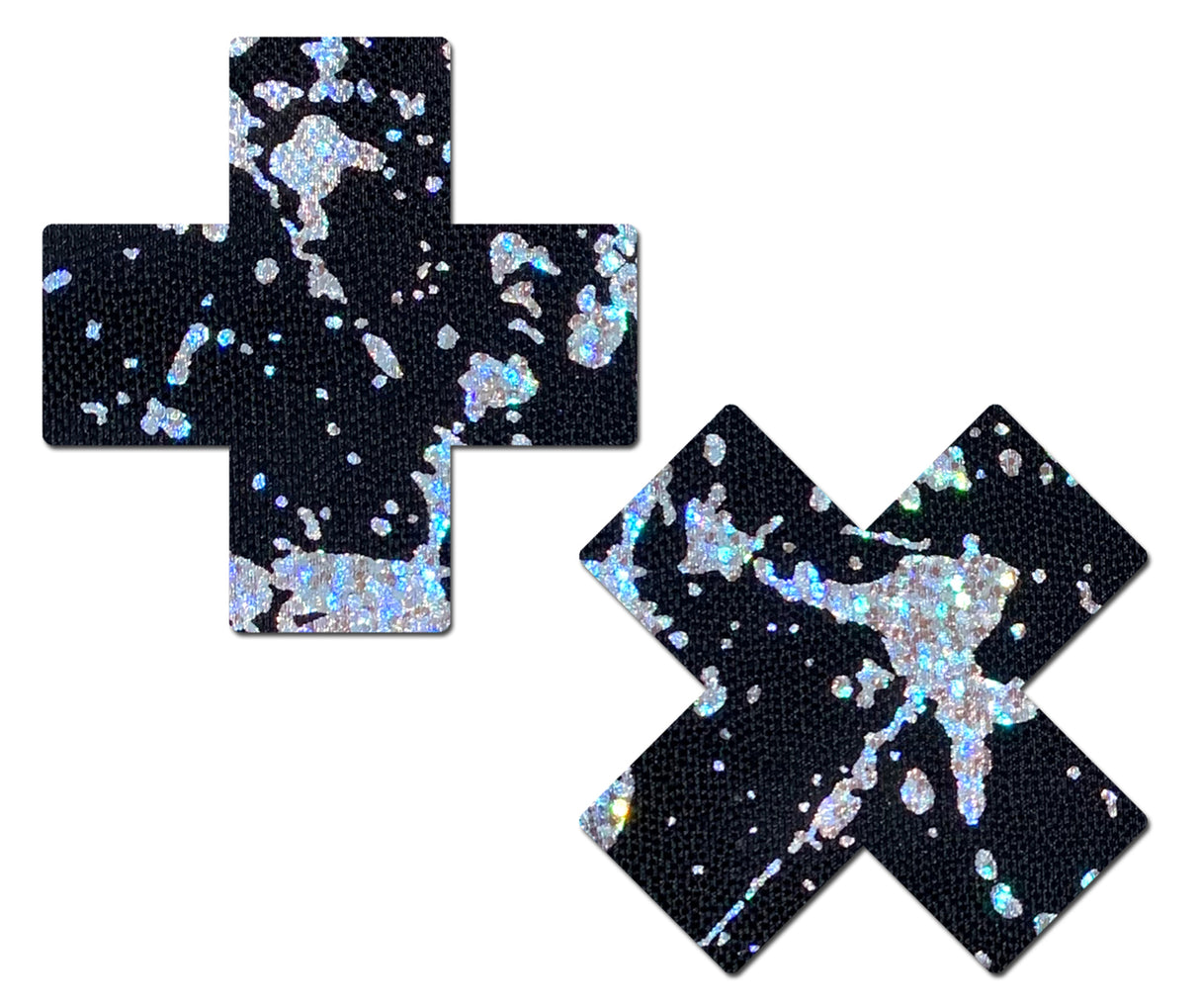 Plus X: Splatter Holographic Cross Silver/Black Nipple Pasties